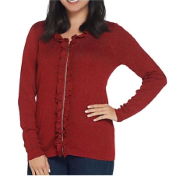 Belle by Kim Gravel Red Cardigan Metallic Thread Ruffle Zip Up SZ M NWT - Picture 1 of 16